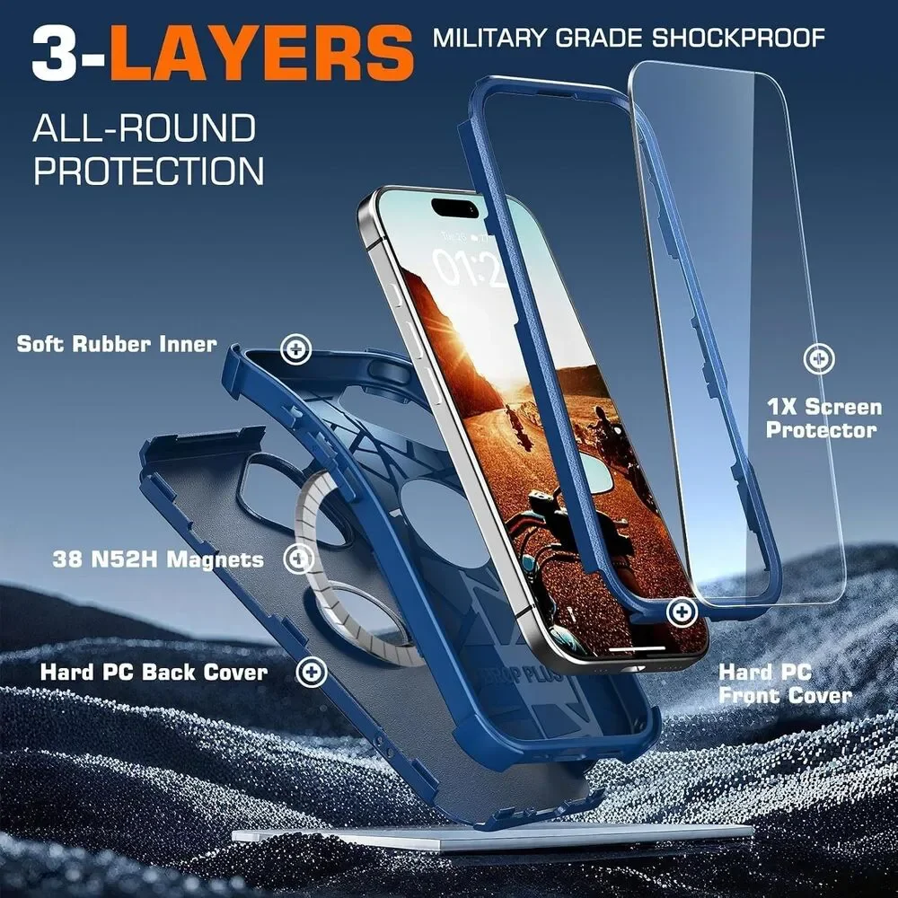 iPhone 17 Case MagSafe Heavy Duty Rugged Cover Blue w/ 2 Screen Protectors